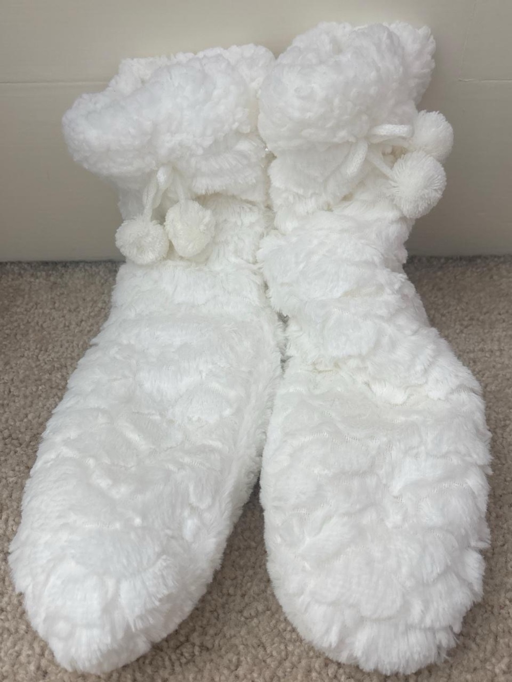 Cozy Plush White Bootie Slippers with Pom-Pom Ties